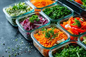 AI generated Healthy food delivery concept. Vegetable salads in plastic containers. photo