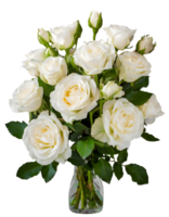 Blooming bridal bouquet white rose flowers in glass vase png