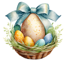 AI generated Watercolor illustration of Easter Day Easter eggs paint decorated in basket and grass flowers png