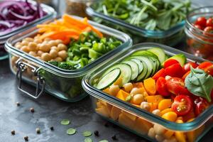 AI generated Healthy food delivery concept. Vegetable salads in plastic containers. photo