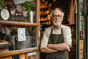 ai generado mayor café propietario en pie con orgullo a su tienda con ai generado. foto