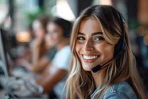 ai generado simpático cliente Servicio representante con auriculares con ai generado. foto