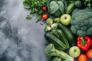 AI generated Fresh Assorted Vegetables on Dark Slate. photo