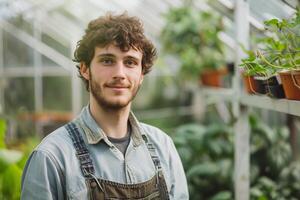 AI generated Smiling Young Male Gardener in Greenhouse with AI generated. photo