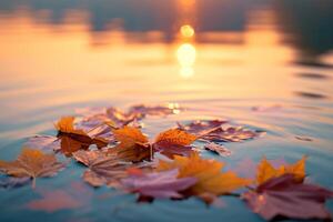 AI generated Autumn leaves on water surface with sun rays and bokeh. photo