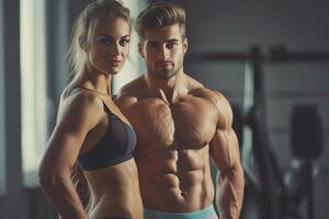 AI generated Portrait of a happy fit young couple standing together in a gym. photo