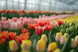 AI generated Vibrant Tulips Blooming in Commercial Greenhouse with AI generated. photo