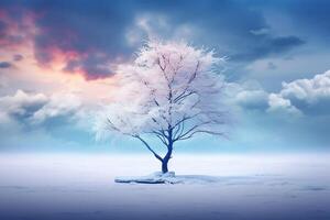 AI generated Winter landscape with snow covered tree. photo