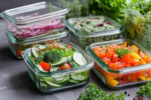 AI generated Healthy food delivery concept. Vegetable salads in plastic containers. photo