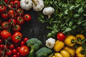 AI generated Fresh Assorted Vegetables on Dark Slate. photo