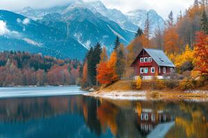 AI generated Lakeside Cabin in Autumn Mountain Scenery. photo