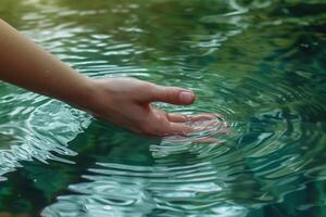 AI generated Woman's hand holding a drop of water on the background of the sea photo