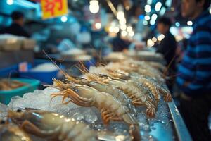 ai generado Fresco langostinos en hielo a Mariscos mercado. foto