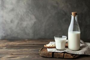 ai generado botella de Leche y vaso con avena copos en de madera mesa. foto