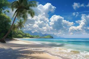 AI generated Tropical beach with palm trees and turquoise sea. photo