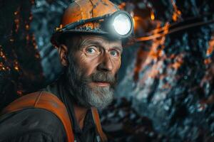 AI generated Portrait of a Miner in a Hardhat at the Mine with AI generated. photo