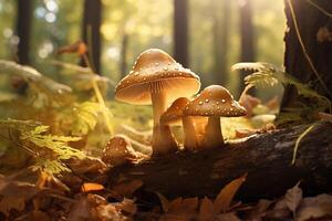 AI generated Mushrooms growing in the autumn forest. Beautiful nature scene. photo