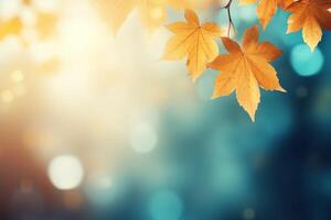 AI generated Autumn background with maple leaves and bokeh lights. photo