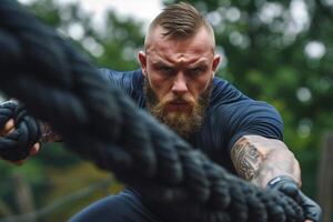 ai generado atleta ejecutando batalla cuerda ejercicio en gimnasia. foto