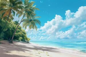 AI generated Tropical beach with palm trees and turquoise sea. photo