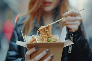 ai generado eliminar caja de salteado tallarines y tofu. foto