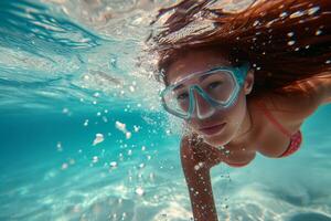 ai generado submarino retrato de joven hembra nadador. foto