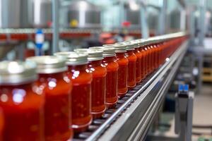 ai generado tomate jugo en botellas en el transportador cinturón en el fábrica. foto