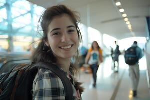 AI generated Happy Female Traveler with Backpack at the Airport with AI generated. photo