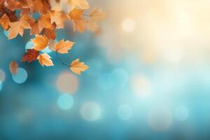 AI generated Autumn background with maple leaves and bokeh lights. photo