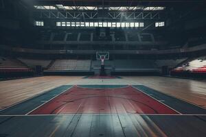 ai generado vacío baloncesto Corte en interior estadio con ai generado. foto