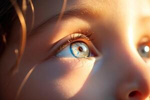 AI generated Close up focus on the eye of a child looking up under the sun photo