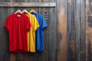 AI generated Assorted T-shirts Hanging on Wooden Background with AI generated. photo