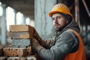 AI generated Portrait of a male construction worker in a helmet and overalls at a construction site. photo