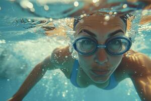 AI generated Professional Female Swimmer Training Underwater with AI generated. photo