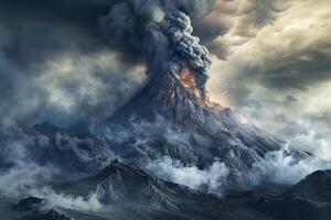 AI generated Volcano eruption with smoke in the clouds. photo