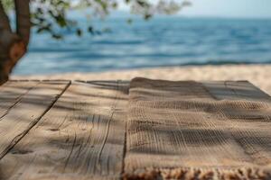 AI generated Wooden Platform by the Clear Blue Sea with AI generated. photo