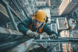 ai generado industrial trepador Lavado Alto edificio ventanas con ai generado. foto