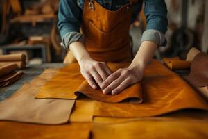 AI generated Close up of a female shoemaker working in a leather workshop. photo