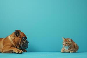 AI generated Cat and a Puppy on Blue Background photo