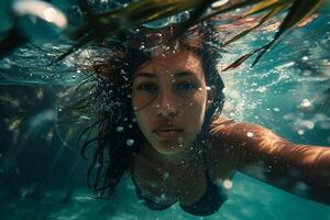 AI generated Underwater Portrait of Young Female Swimmer. photo