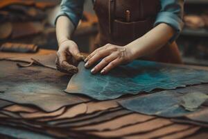 AI generated Close up of a female shoemaker working in a leather workshop. photo