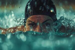 ai generado competitivo nadador en acción durante carrera. foto