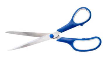 Top view of multipurpose scissors with blue handle isolated with clipping in png file format. path. A pair of scissors