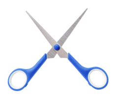 Top view of small multipurpose scissors with blue handle in cross shape isolated with clipping path in png file format.  A pair of scissors