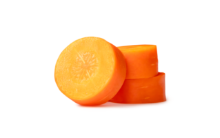 Front view of beautiful orange carrot slices in stack isolated  with clipping path and shadow in png file format