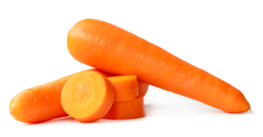 Front view of beautiful orange carrots with slices in stack isolated with clipping path and shadow in png file format