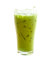 Front view of Iced matcha green tea with condensed milk in transparent glass isolated with clipping path in png file format