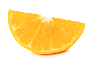 Front view of fresh shogun or tangerine mandarin orange slice or quarter isolated with clipping path and shadow in png file format