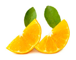 Front view of fresh shogun or tangerine mandarin orange slices or quarters and green leaves isolated with clipping path and shadow in png file format