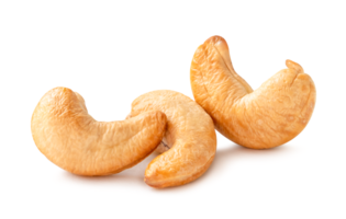 Front view of three Roasted brown cashew nuts in stack isolated with clipping path and shadow in png file format